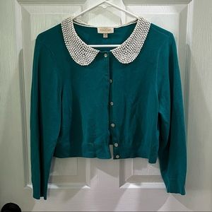 Green cropped cardigan with Peter Pan collar